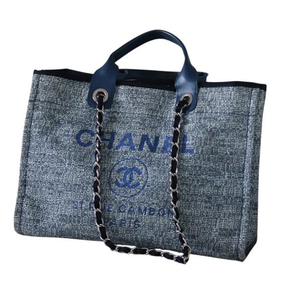 CHANEL Handbags - CHANEL Woven Straw Raffia Medium Deauville Tote Blue